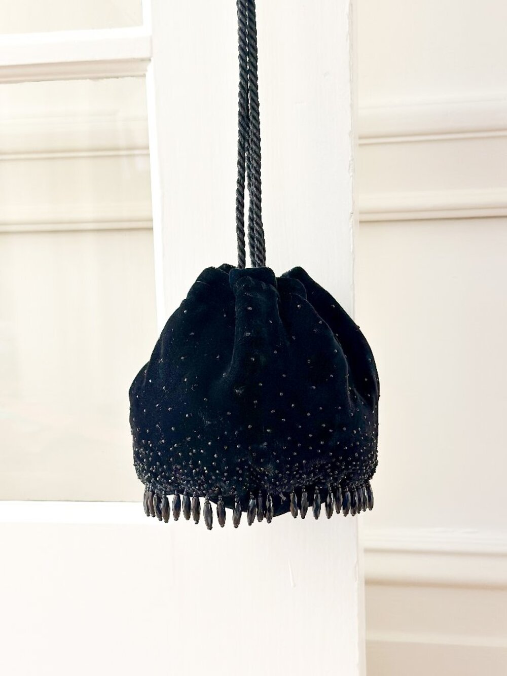 Bottega Veneta Black Velvet Beaded Drawstring Bag